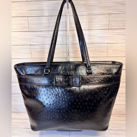 048-Kate Spade Harmony Valencia Road Ostrich Black Leather Tote Bag - Picture 1 of 15